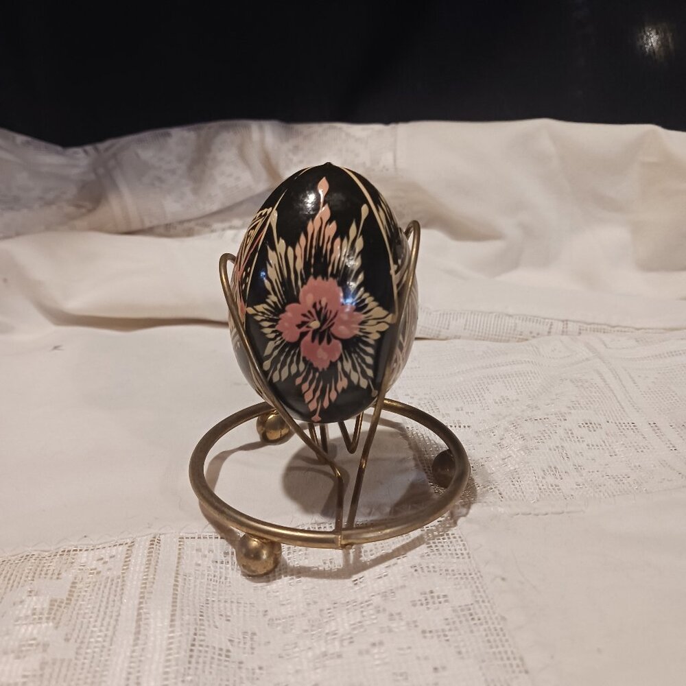 Vintage Hand Painted Ukranian Wooden Egg on Brass Stand